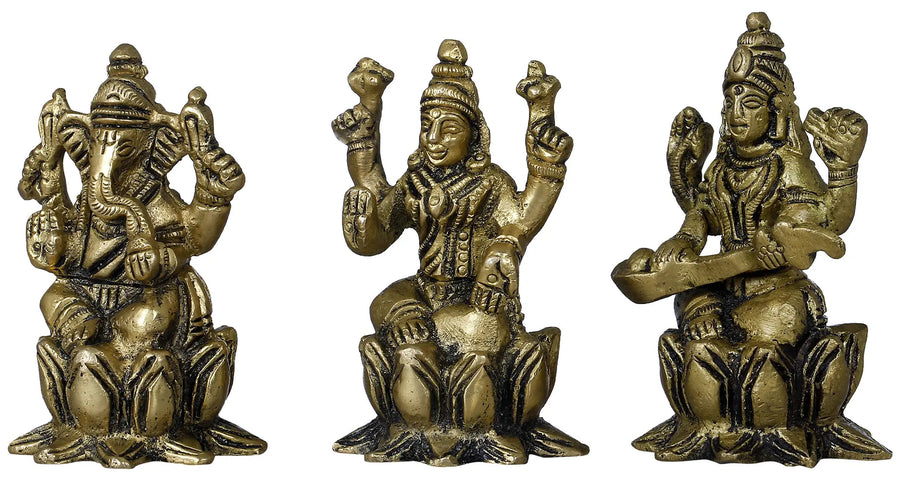 Small Brass Idol of Lakshmi, Ganesha, and Saraswati 2 inches Craft Detail
