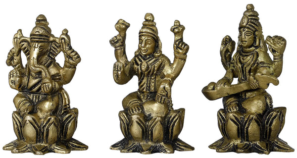 Small Brass Idol of Lakshmi, Ganesha, and Saraswati 2 inches