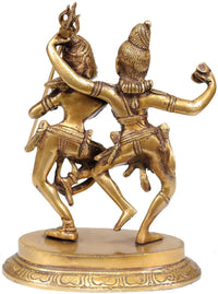 Natural brass dancing Shiva-Parvati statue, side view, spear held upward, arms extended
