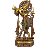 Handmade brass Krishna flute statue, ornate deity with crown and flowing robes, 22 in.