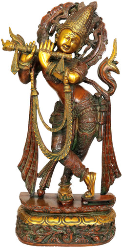 Handmade Brass Statue of Lord Krishna Playing the Flute 22 Inches