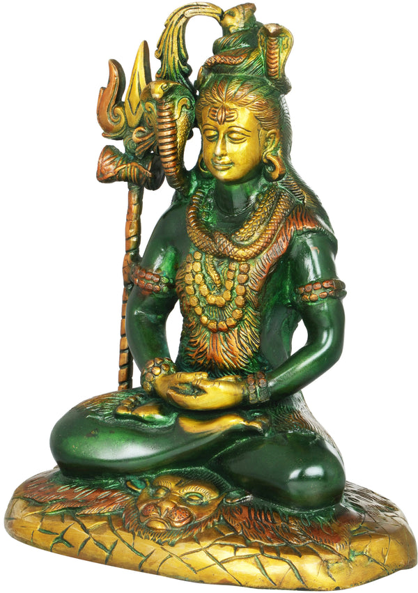 Mahayogi Shiva Amazing Henna Touch Brass Idol Seated on Tigerskin | Handmade Statue 10 Inches Entryway Setting