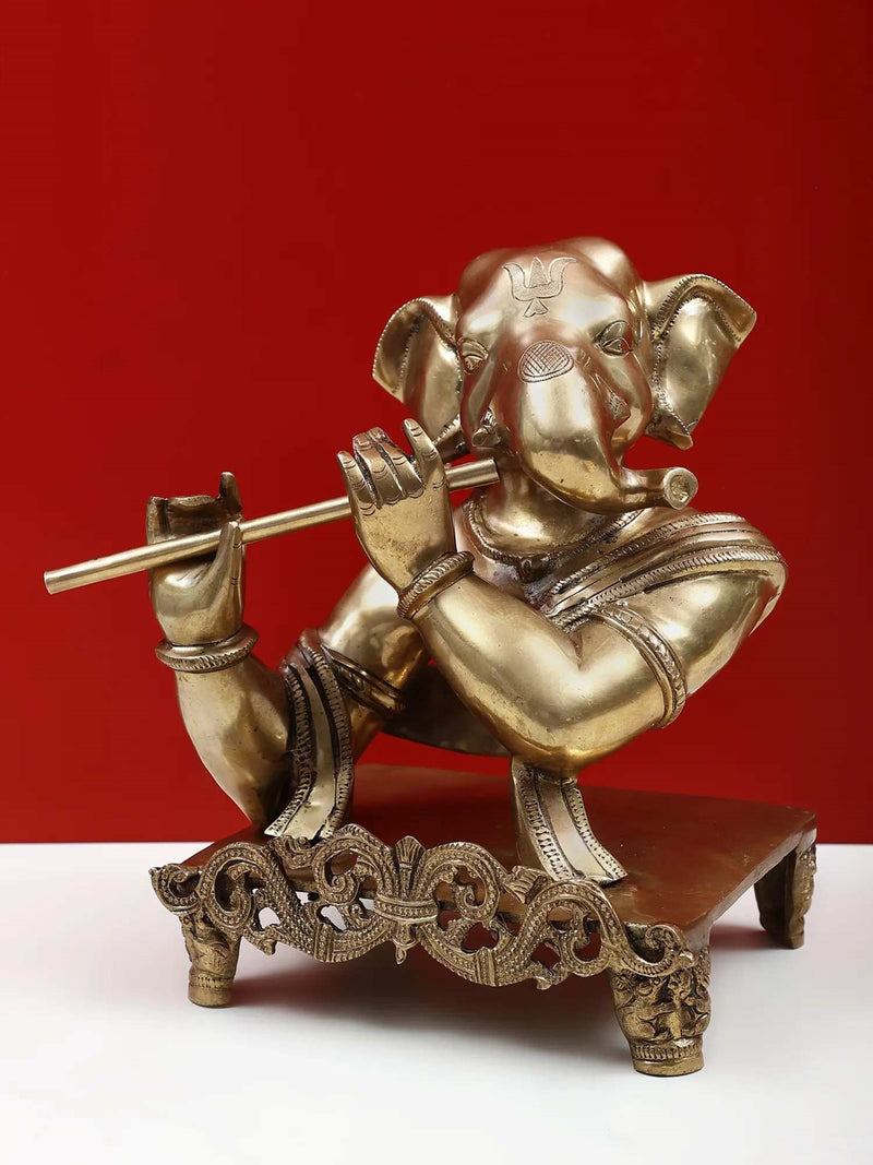 Brass Statue of Ganesha Playing the Flute 11 inches