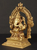 Brass Ganesha Maharaj statue side view, detailed crown and seated pose