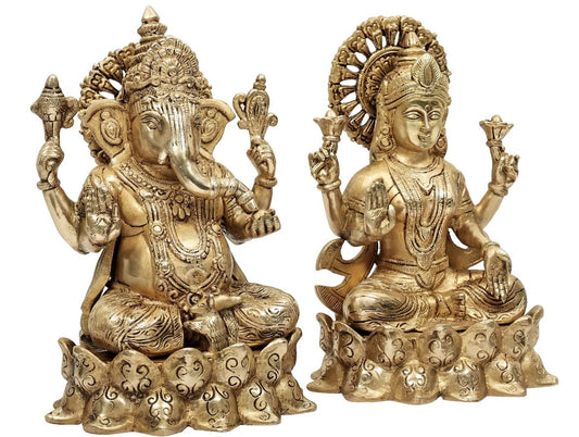 Brass depiction of Goddess Lakshmi and Lord Ganesha 9 inches