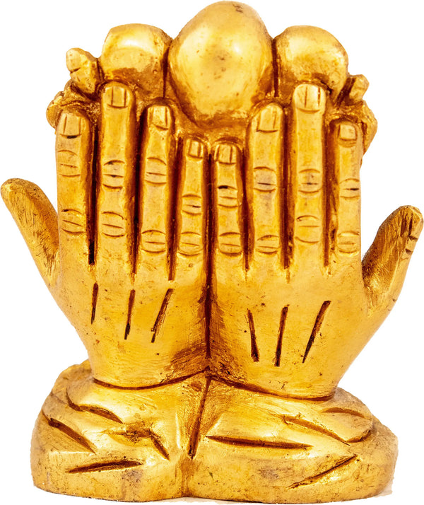Brass Ganesha Seated In The Fold Of One's Palms 2 inches Study Setting