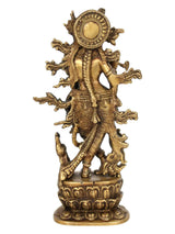 Handmade natural brass Krishna idol playing flute, back view with circular halo design