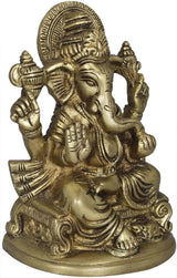 Ganesha-Messingfigur auf Thron, seitliche Ansicht mit Strahlenkranz und erhobenen Händen