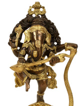 Brass Lord Ganesha dancing on five-hood serpent with veena, ornate relief details