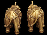 Brass elephant pair figurines, rear view with detailed motifs, 8 in.