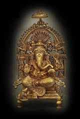 Brass Ganesha seated on ornate throne, 5-inch figurine