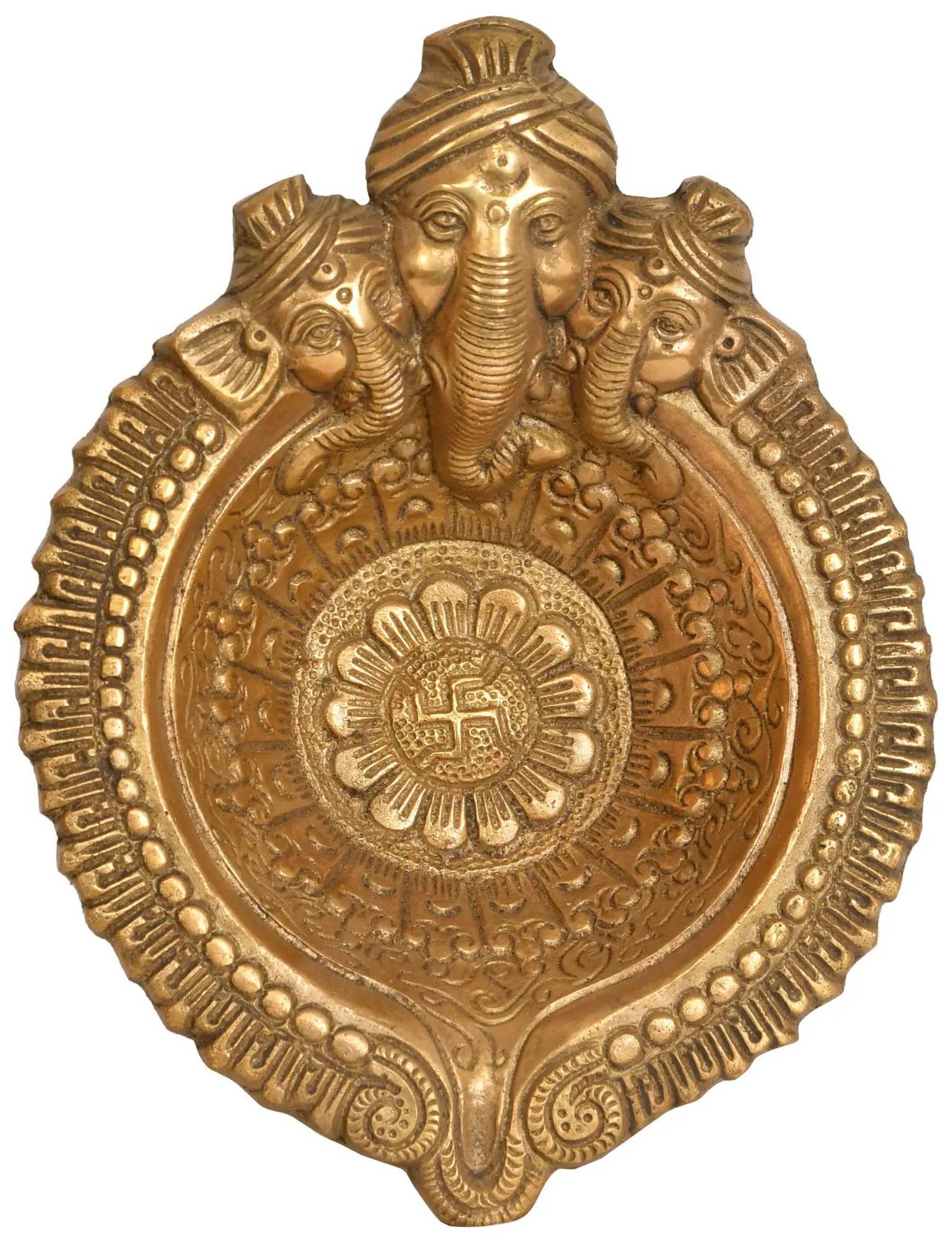 Brass Large Puja Diya with Tri-Mukha Ganesha 8 inches