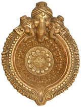 Brass Puja diya with Tri-Mukha Ganesha relief, 8 in, ornate round base