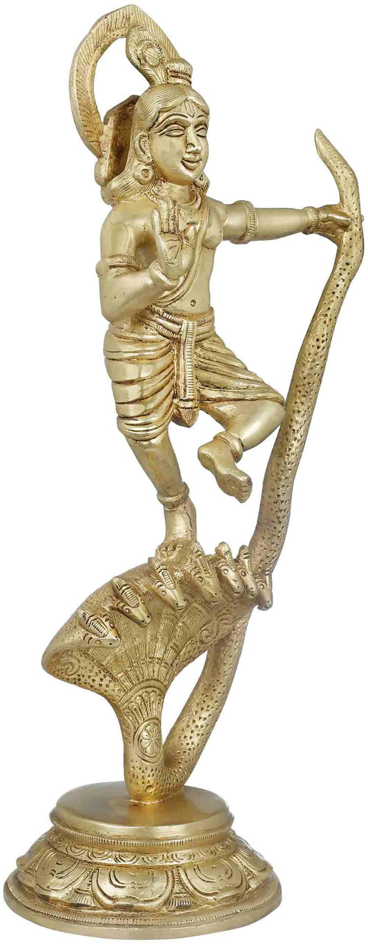 Natural Brass Statue Depicting Kaliya Vijaya Lila of Shri Krishna 13 inches