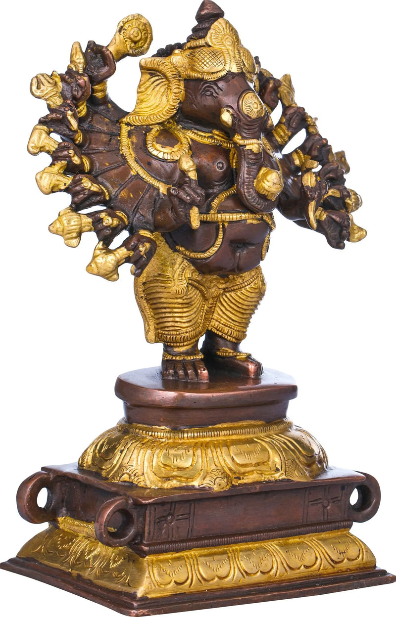 Brass Brown gold Sixteen-Armed Vira Ganesha Sculptures 8 inches