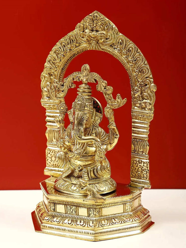 Brass Exquisite Lord Ganesha on Pedestal with Kirtimukha Prabhavali 9 inches Entryway Setting
