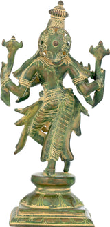 Lord Krishna brass idol with green and gold detailing, four arms raised