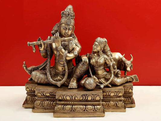 Handmade Brass Statue of Fluting Krishna with Radha Ji and a Cow 15 inches