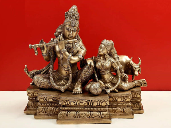 Handmade Brass Statue of Fluting Krishna with Radha Ji and a Cow 15 inches Entryway Setting