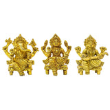 Brass Ganesha, Lakshmi and Saraswati idols set, 3-inch height