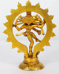Dancing Lord Shiva brass figurine with gear-like halo, 7-inch, angled view