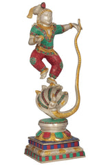 Brass Shri Krishna Kaliya Vijaya Lila statue with coiled serpent, 18 inches base