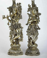 Brass Radha and Krishna pair statues on lotus bases, front view