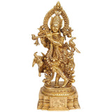Brass Venugopala statue, ornate halo, flute, mounted on animal, 14 inch
