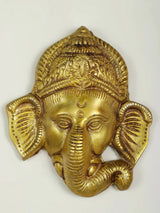Small brass Lord Ganesha wall hanging mask, 4-inch gold-toned face