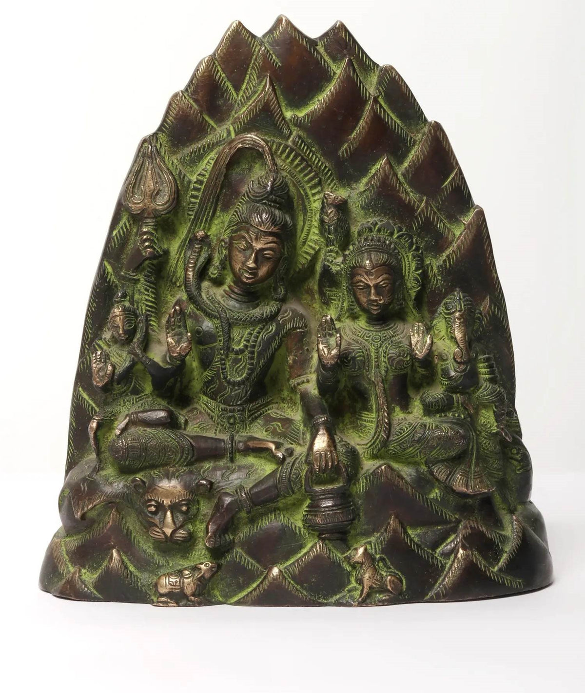 7-inch brass Shiva family statue on Kailash mountain, seated figures with trident