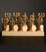 Ten brass Dashavatara Vishnu idols with varied poses on base