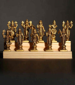 Ten brass Dashavatara Vishnu idols with varied poses on base