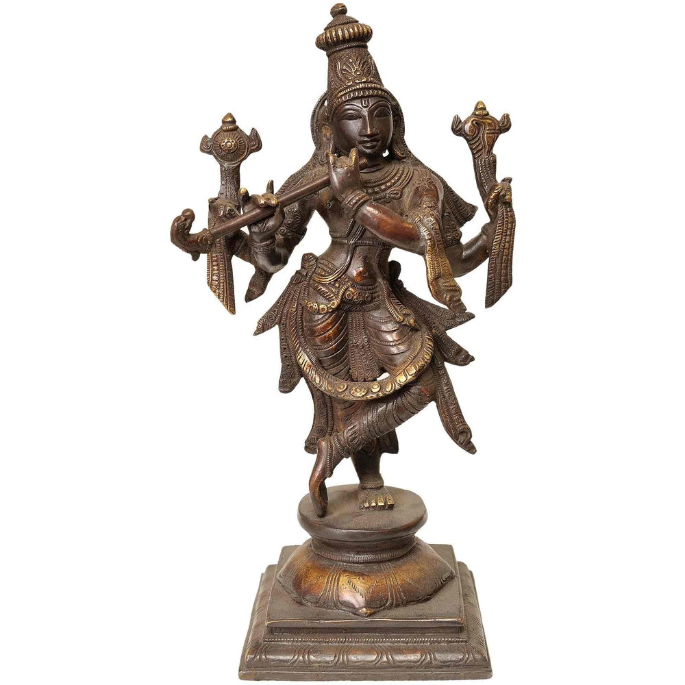 Handmade brass Krishna idol with four arms holding flute and weapons, standing on base