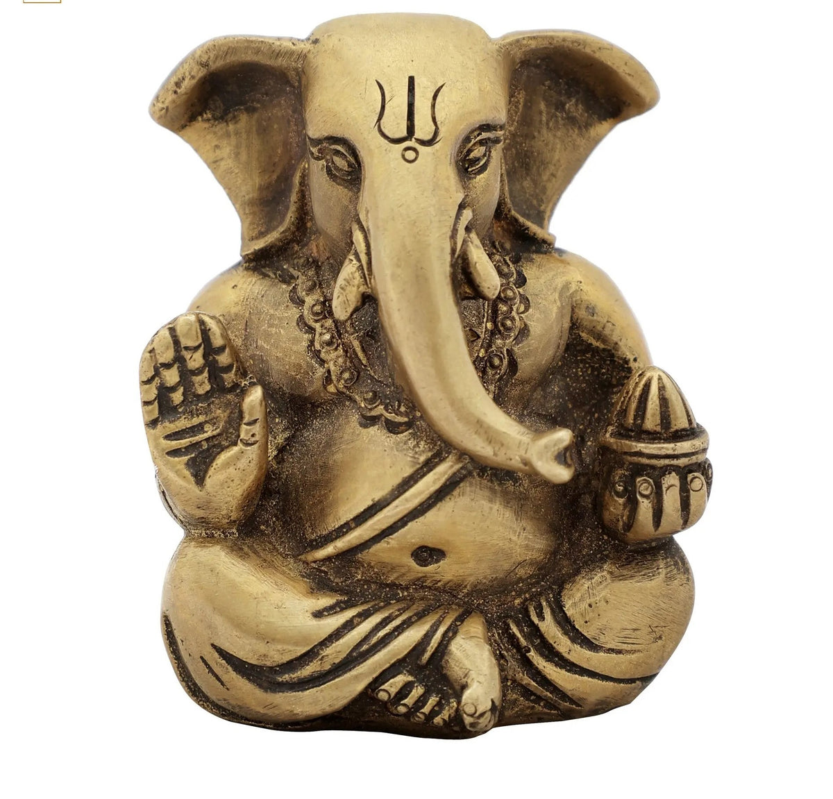 AONA small brass Ganesha idol, 2 inch, seated with raised trunk and ornaments