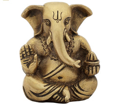 AONA small brass Ganesha idol, 2 inch, seated with raised trunk and ornaments