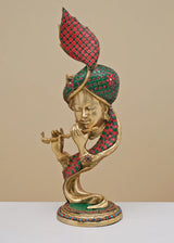Handmade brass modern Krishna figurine with red polka-dot inlay, flute pose