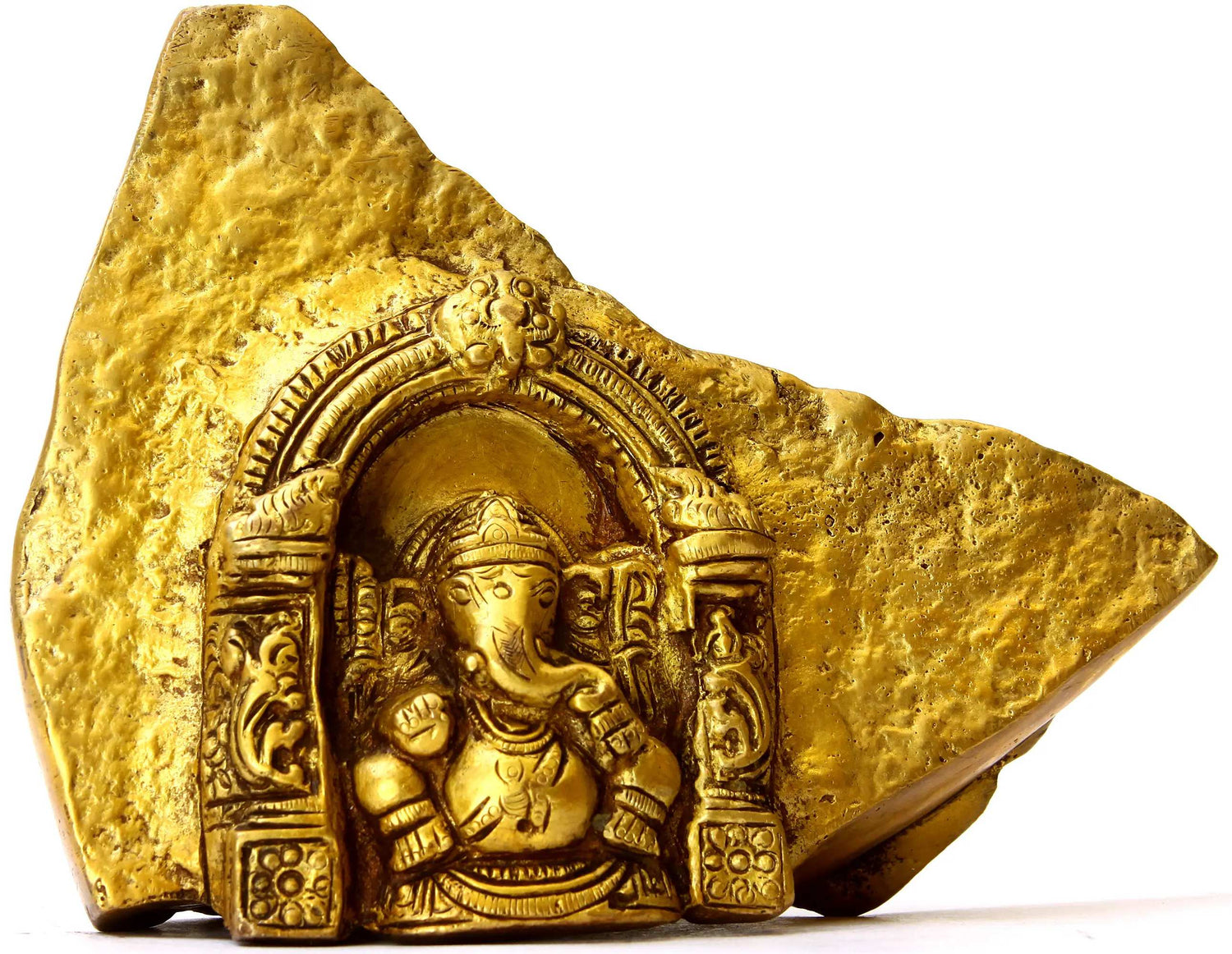 Brass golden Temple of Lord Ganesha Carved from Rock 4 inches