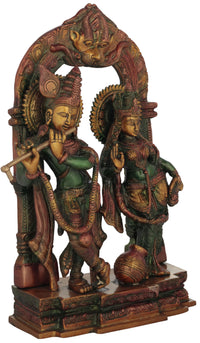 Messing-Radha-Krishna-Skulptur mit Milchtopf, erhobener Hand, 14 Zoll