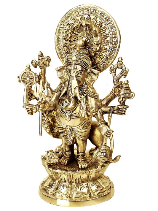 Brass Statue of Ashtabhuja Simha Ganesha with Serpent Aureole 11 inches