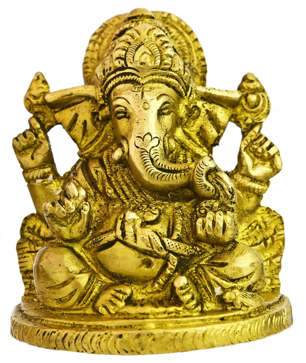 3-inch brass Ganapati Ji statue, seated with four arms and ornate detailing