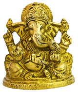 3-inch brass Ganapati Ji statue, seated with four arms and ornate detailing