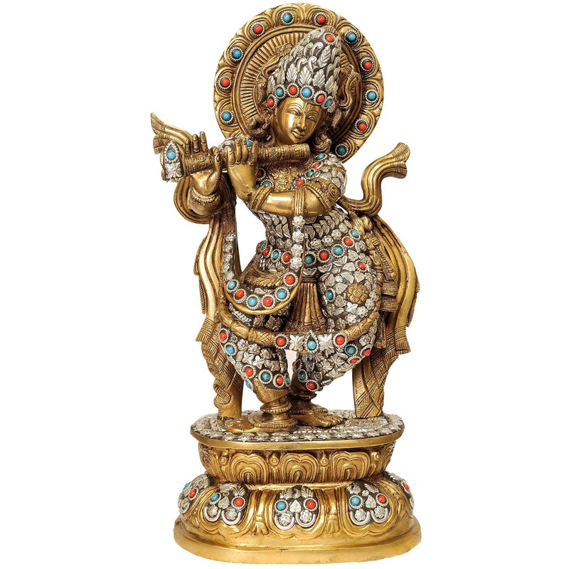 Handmade Brass Statue of Lord Krishna in Ornamented Costume 17 Inches