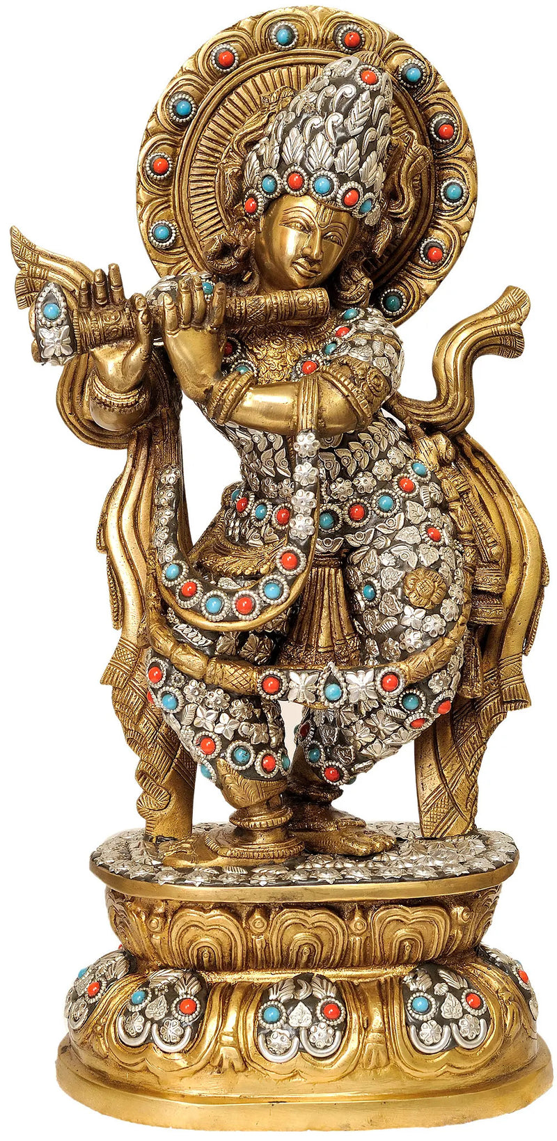 Handmade Brass Statue of Lord Krishna in Ornamented Costume 17 Inches