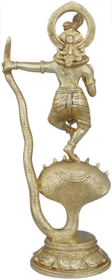 Natural brass Krishna statue with ornate crown, curved serpent tail support, 13 in