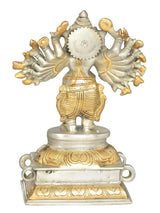 Brass 16-armed Ganesha figurine, back view, silver-and-gold detailing, round base, 8 in