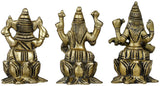 Brass Lakshmi, Ganesha, Saraswati small idols, side view of seated figures, 2 in