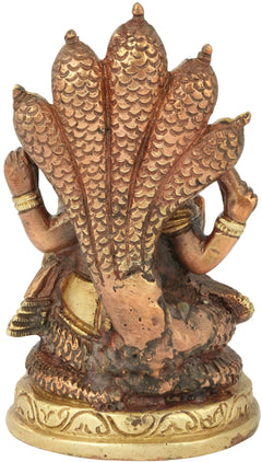 Back view of small Ganesha brass sculpture on Shesha Naga, brown-gold textured wings