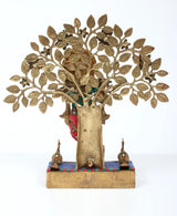 Brass Krishna flute statue with tree trunk, colorful clothing, 16-inch pedestal