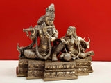 AONA handmade brass Krishna statue with Radha and cow on ornate base