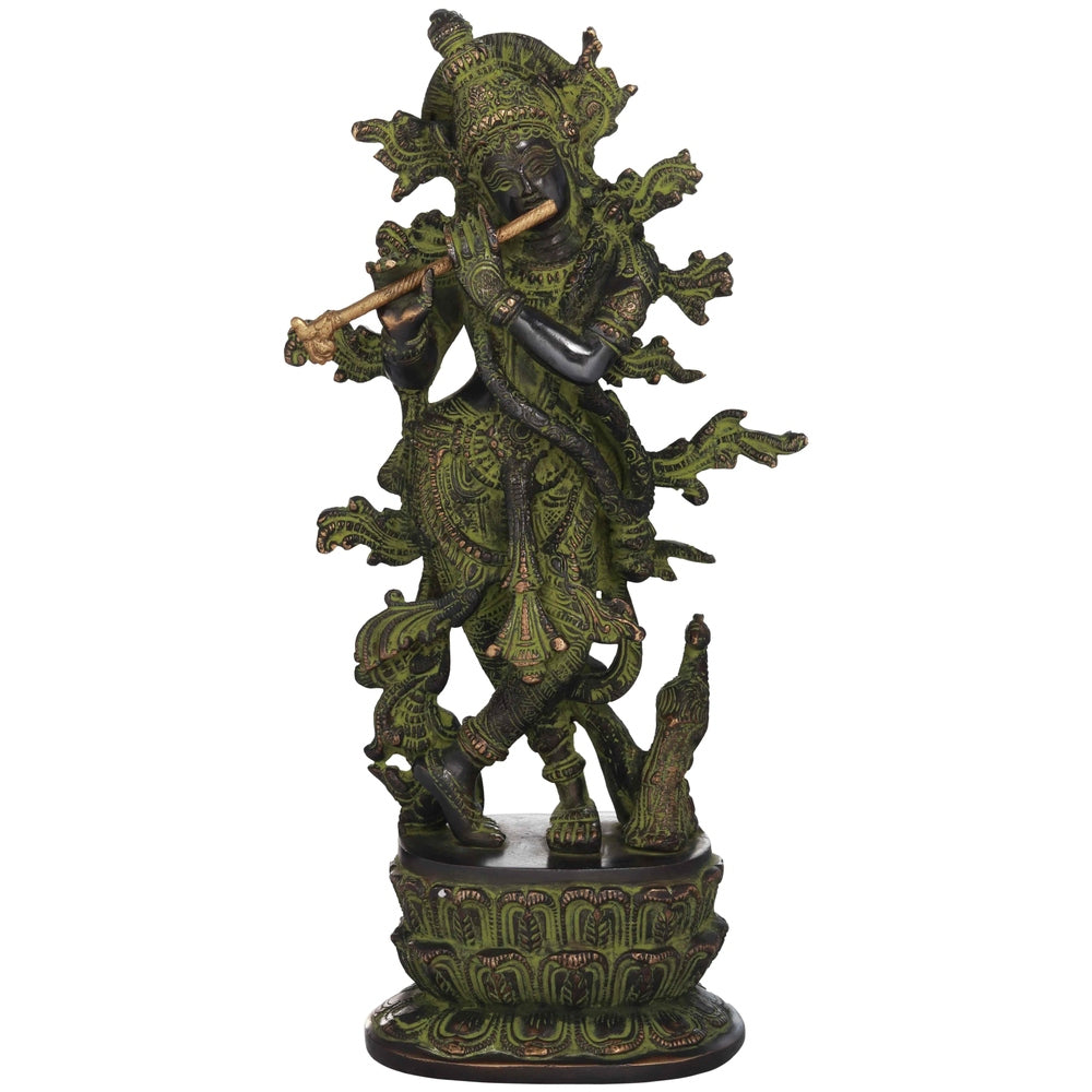 Handmade brass Krishna idol in green, playing flute, ornate standing figure